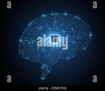 Brain-shaped circuit board with chip. Artificial intelligence, Digital memory Stock Vector