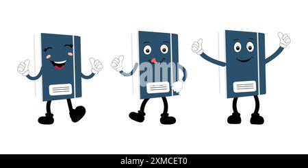 Cute cartoon book set character with different emotions and in action. Collection of cartoon,retro, groovy characters.  Vector flat icons set Stock Vector