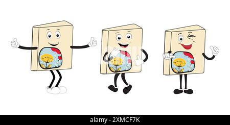 Cute cartoon book set character with different emotions and in action. Collection of cartoon,retro, groovy characters.  Vector flat icons set Stock Vector