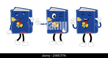 Cute cartoon book set character with different emotions and in action. Collection of cartoon,retro, groovy characters.  Vector flat icons set Stock Vector