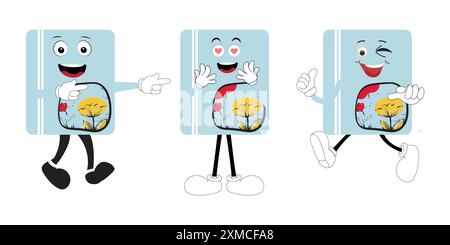 Cute cartoon book set character with different emotions and in action. Collection of cartoon,retro, groovy characters. Vector flat icons set Stock Vector