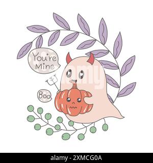 Baby Ghost holding a jack-o'-lantern that says "Boo" and saying "You're mine" with joy Stock Vector