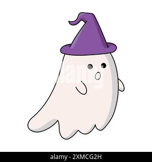 A cute white ghost wearing a purple witch hat Stock Vector