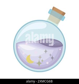 A round potion bottle containing a magical potion that sparkles in the moonlight. Stock Vector