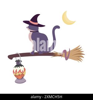 Halloween Cat on Witch's Broom Stock Vector