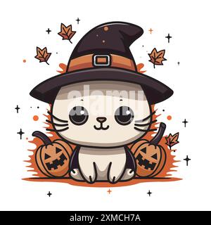 Cute kitten wearing witch hat sitting among Halloween jack-o-lanterns Stock Vector