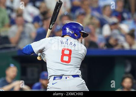 Kansas City, MO, USA. 26th July, 2024. Chicago Cubs catcher Miguel Amaya (9) bats against the Kansas City Royals at Kauffman Stadium in Kansas City, MO. David Smith/CSM/Alamy Live News Stock Photo