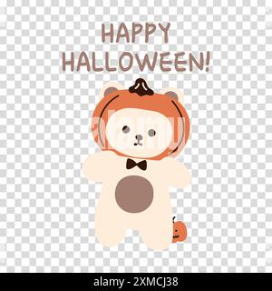 A cute teddy bear wearing a pumpkin mask shouting Happy Halloween and a small Halloween jack-o-lantern hiding behind it. Stock Vector