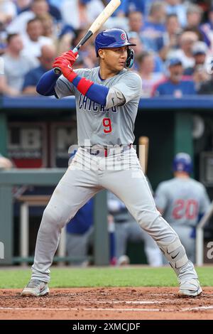 Kansas City, MO, USA. 26th July, 2024. Chicago Cubs catcher Miguel Amaya (9) bats against the Kansas City Royals at Kauffman Stadium in Kansas City, MO. David Smith/CSM/Alamy Live News Stock Photo