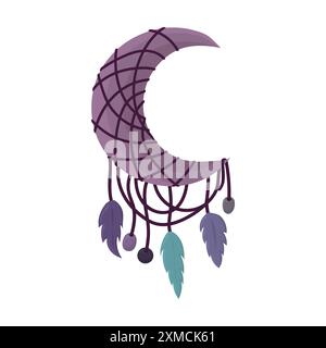 Purple crescent moon dreamcatcher decorated with string, feathers and beads Stock Vector