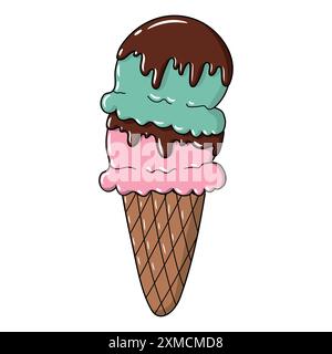 2 cute cone-serve ice cream scoops drizzled with chocolate syrup Stock Vector