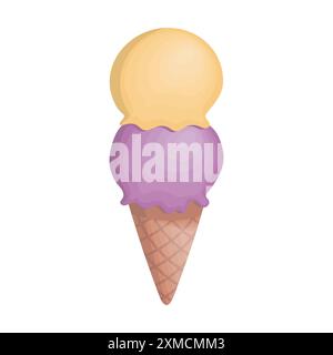 Soft serve ice cream cone with purple and yellow scoops Stock Vector