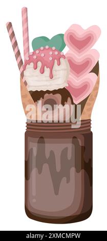 Monster Shake with chocolate milkshake in a bottle, topped with waffle cone, pink heart marshmallow, chocolate donut, vanilla ice cream, rolled wafer, Stock Vector