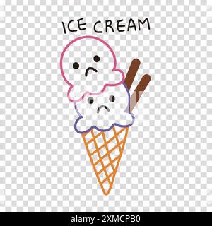 Illustration of pink and purple scoops of ice cream and sticks on cones, expressed in lines Stock Vector
