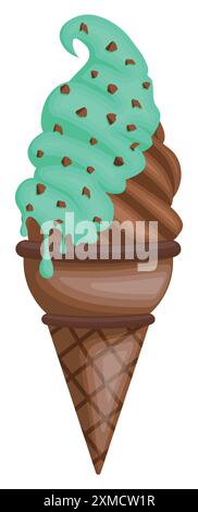 Chocolate ice cream in a chocolate-flavored soft-serve cone dripping with green mint syrup sprinkled with peanuts Stock Vector