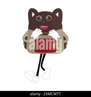 Backpack mascot cartoon Back to school and have fun. Character doodle illustration of walking school bag, Retro character design of a school bag Stock Vector