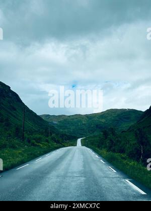 The road in Norway between green mountains goes into the horizon Stock Photo