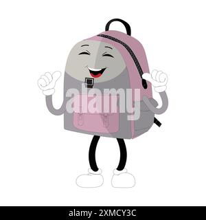 Backpack mascot cartoon Back to school and have fun. Character doodle illustration of walking school bag, Retro character design of a school bag Stock Vector
