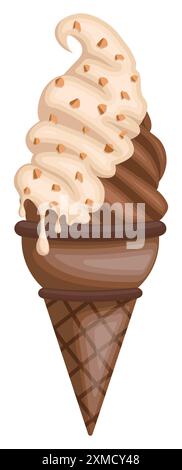 Chocolate ice cream in a chocolate-flavored soft-serve cone with white syrup sprinkled with peanuts Stock Vector