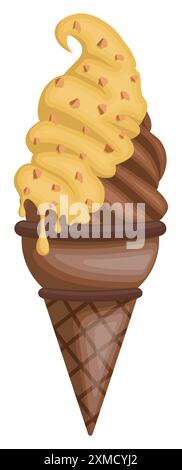 Chocolate ice cream in a chocolate-flavored soft cone with yellow syrup sprinkled with peanuts Stock Vector