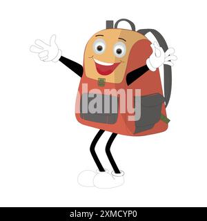 Backpack mascot cartoon Back to school and have fun. Character doodle illustration of walking school bag, Retro character design of a school bag Stock Vector