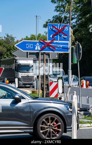 A45 motorway, coming from the south, traffic is diverted in front of the Luedenscheid junction, in front of the completely closed Rahmede viaduct Stock Photo