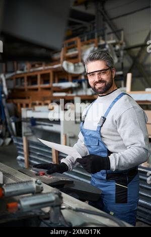 Professional with working documentation at the console of modern machine Stock Photo