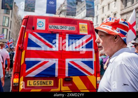 London, England.  27 Jul 24.  Tommy Robinson and Jeremy Corbyn go head to head with march and counter protest: Tommy Robinson today fronted a march billed as a 'Patriotic Rally' from the Strand to Trafalgar Square to 'unite the Kingdom'.  Thousands of self-proclaimed 'patriots' travelled from across the country to Central London to hear him speak.  Meanwhile,  Jeremy Corbyn led a counter-protest organised by 'Stand Up to Racism' in an attempt to 'stop Tommy Robinson'. Credit:  Lab Ky Mo/ALAMY LIVE NEWS Stock Photo