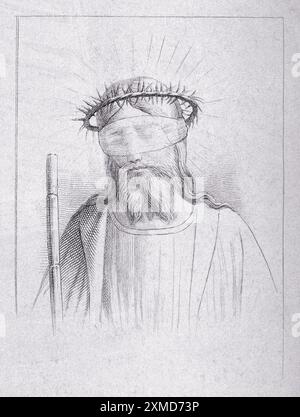 This etching depicts Christ as the Man of Sorrows, showcasing His expression of deep sorrow and compassion. The figure is adorned with a crown of thorns, symbolizing the suffering endured during His passion. A blindfold covers His eyes, emphasizing the anguish and burden of humanity's transgressions. The intricately detailed etching captures the profound emotional weight of His sacrifice, inviting viewers to reflect on themes of suffering, redemption, and divine love. Stock Photo