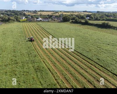 Cork, Ireland. 27th July, 2024. DC 27-7-24 Farmers Take Advantage of Weekends Good Weather, Cork, Ireland. With the warm and dry weather forecast for the week ahead farmers all over the country are taking the opportunity to get work done. Pictured is a farmer in Killcully, Cork cutting his silage, Many farmers will work through the night while the weather stays good to ensure they get all the sileage cut and gathered. Credit: Damian Coleman/17�Թ����� Live News Stock Photo
