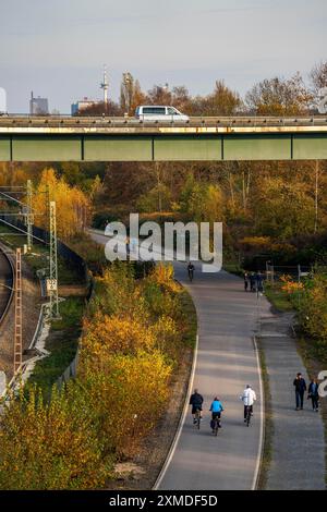 Radschnellweg Ruhr, RS1, along the railway line between Essen and Muelheim, shared cycle path, footpath, A40 motorway bridge, skyline of Essen city Stock Photo