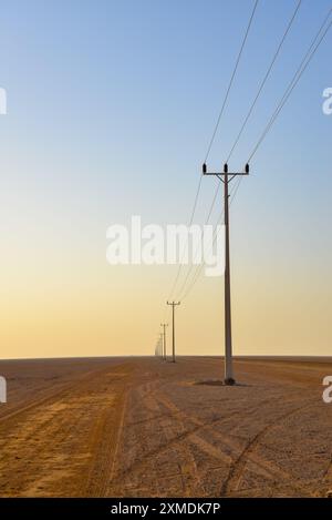 Electricity Line Stretching Across Saudi Desert Landscape Stock Photo