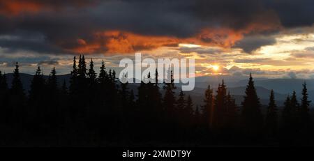 Dramatic sunset paints sky with fiery orange and dark clouds, casting serene glow over dense forest of silhouetted pine trees. Distant mountain ridges add depth to this breathtaking natural landscape. Stock Photo