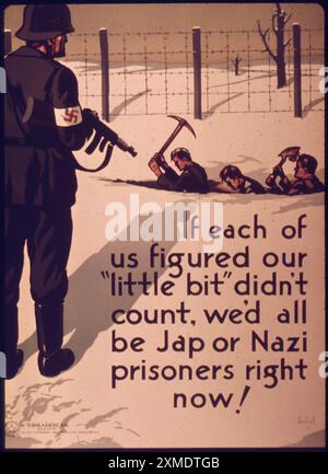 An American wartime propaganda poster showing men digging a hole with a nazi soldier guarding them. The text reads 'If each of us figured our little bit didn't count, we'd all be Jap or Nazi prisoners right now' Stock Photo