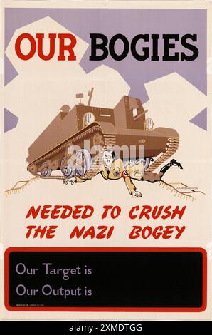 An American propaganda poster urging increased industrial production. It shows Adolf Hitler underneath a tank with the slogan Our Bogies are needed to crush the Nazi bogey. Stock Photo