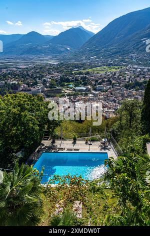 View of Merano from the mountain station of the chairlift to Dorf Tyrol, Hotel Pool, South Tyrol, Italy Stock Photo