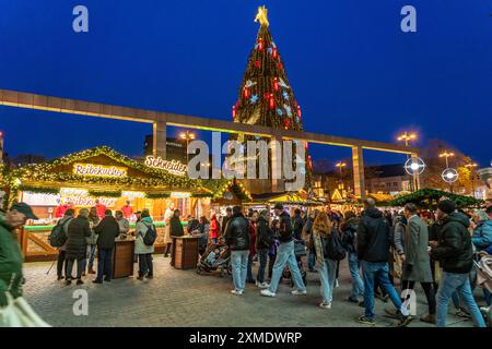 Christmas market in Dortmund, Hansaplatz, the market with the world's largest Christmas tree, North Rhine-Westphalia, Germany Stock Photo