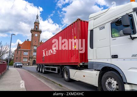 Dortmund harbour, trucks, trucks in front of the old harbour office, North Rhine-Westphalia, Germany Stock Photo