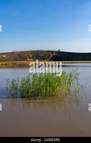 The Haniel spoil tip, 185 metre high spoil tip at the Prosper Haniel mine, which was closed in 2019, artwork Totems by the sculptor Augustin Stock Photo