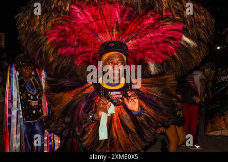 Man, wearing costume and headdress, made with beads, feathers and colored ribbons, of the 'feathered man', character from the bumba boi dance, Brazil Stock Photo