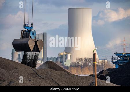 The NIAG Rhine port in Rheinberg-Orsoy, unloading of cargo ships with imported coal, then loading onto railway freight wagons, in the background the Stock Photo