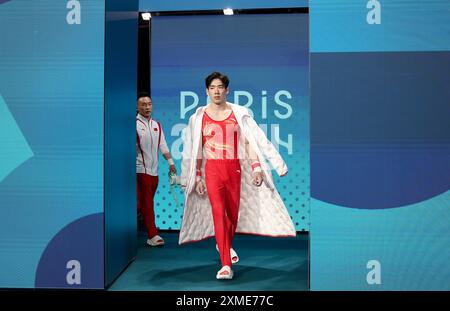 Paris, France. 27th July, 2024. Zhang Hoheng of China arrives at the venue of the artistic gymnastics men's team qualification match during the Paris 2024 Olympic Games at Bercy Arena in Paris, France, July 27, 2024. Credit: Cao Can/Xinhua/Alamy Live News Stock Photo