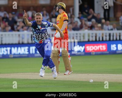 London, UK. 27th July, 2024. London, England, July 27 2024: Olly Stone (9 London Spirit) celebrates taking the wicket of Liam Livingstone (23 Birmingham Phoenix) during the The Hundred Group Stage game between London Spirit Men and Birmingham Phoenix Men at Lord's Cricket Ground in London, England. (Jay Patel/SPP) Credit: SPP Sport Press Photo. /Alamy Live News Stock Photo