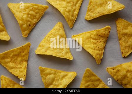 Homemade Salted Tortilla Chips on a gray background. Stock Photo