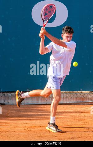 Max Hans Rehberg from Germany in action during Internazionali di Verona - ATP Challenger 100 tennis tournament at Sports Club Verona on July 27, 2024, Verona Italy. Stock Photo