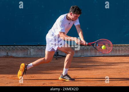 Max Hans Rehberg from Germany in action during Internazionali di Verona - ATP Challenger 100 tennis tournament at Sports Club Verona on July 27, 2024, Verona Italy. Stock Photo