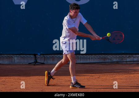 Max Hans Rehberg from Germany in action during Internazionali di Verona - ATP Challenger 100 tennis tournament at Sports Club Verona on July 27, 2024, Verona Italy. Stock Photo