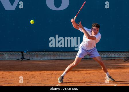 Max Hans Rehberg from Germany in action during Internazionali di Verona - ATP Challenger 100 tennis tournament at Sports Club Verona on July 27, 2024, Verona Italy. Stock Photo