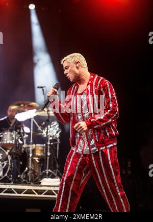 Jake Shears former frontman of Scissor Sisters performing his solo live performance on the main stage at Camp Bestiful 2024 Stock Photo