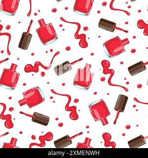 Vector seamless pattern of red nail polish bottles, brushes, and splashes on a white background Stock Vector